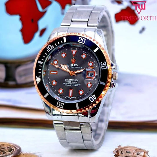 Men's Rolex Style Diver Watch with Date Function Silver Golden Dial
